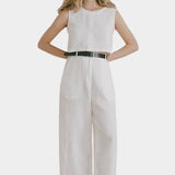 Shaina Mote Paradis trouser in natural organic cotton front view with high rise, straight leg and black belt styling