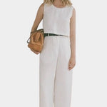 Shaina Mote Paradis trouser in natural organic cotton styled with matching top, relaxed wide leg and elastic back waist