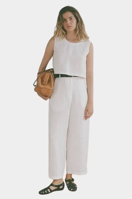 Shaina Mote Paradis trouser in natural organic cotton styled with matching top, relaxed wide leg and elastic back waist