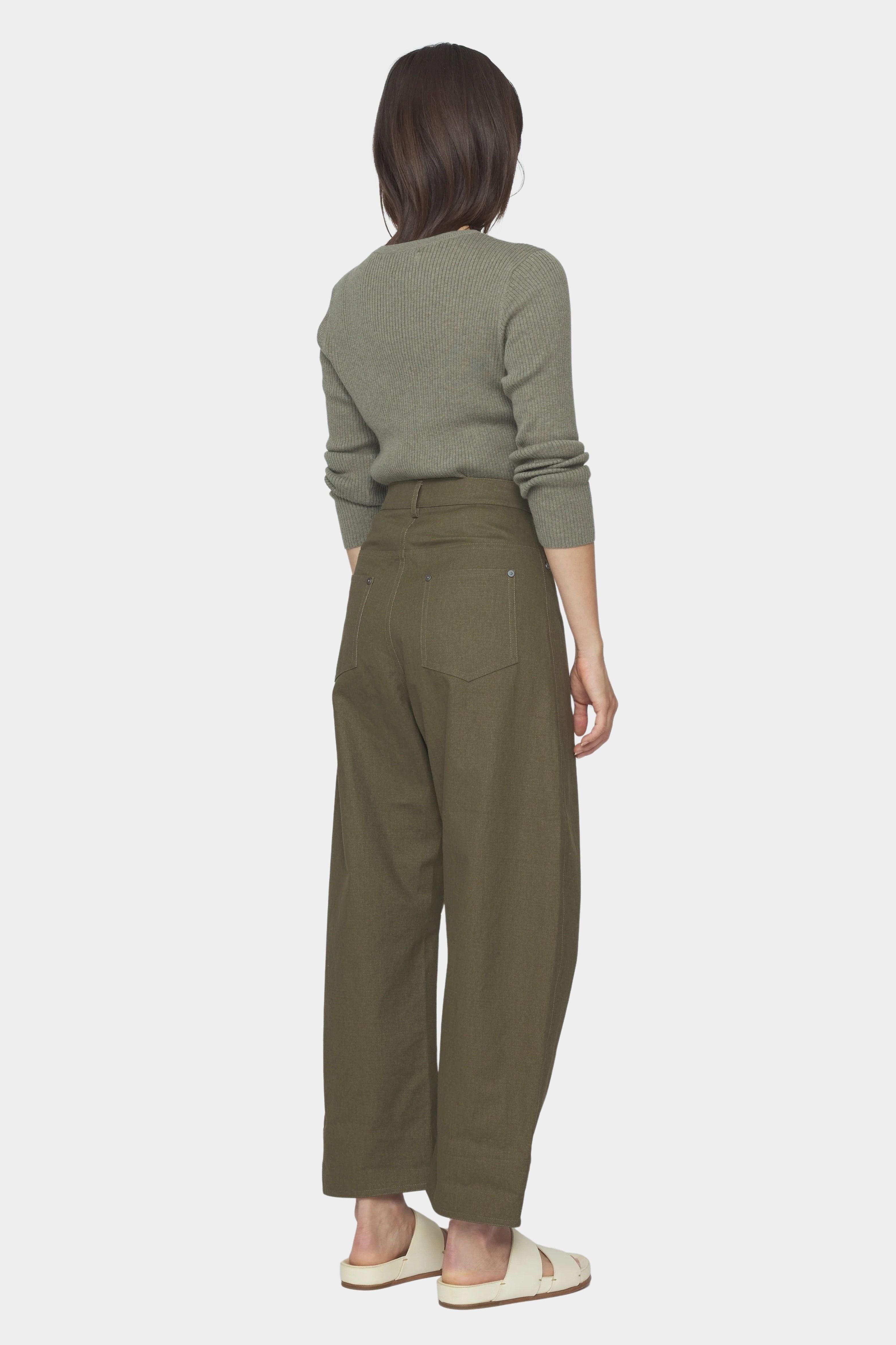 7115 by Szeki Curve Legged Work Trouser SS26 olive green cotton trousers back view