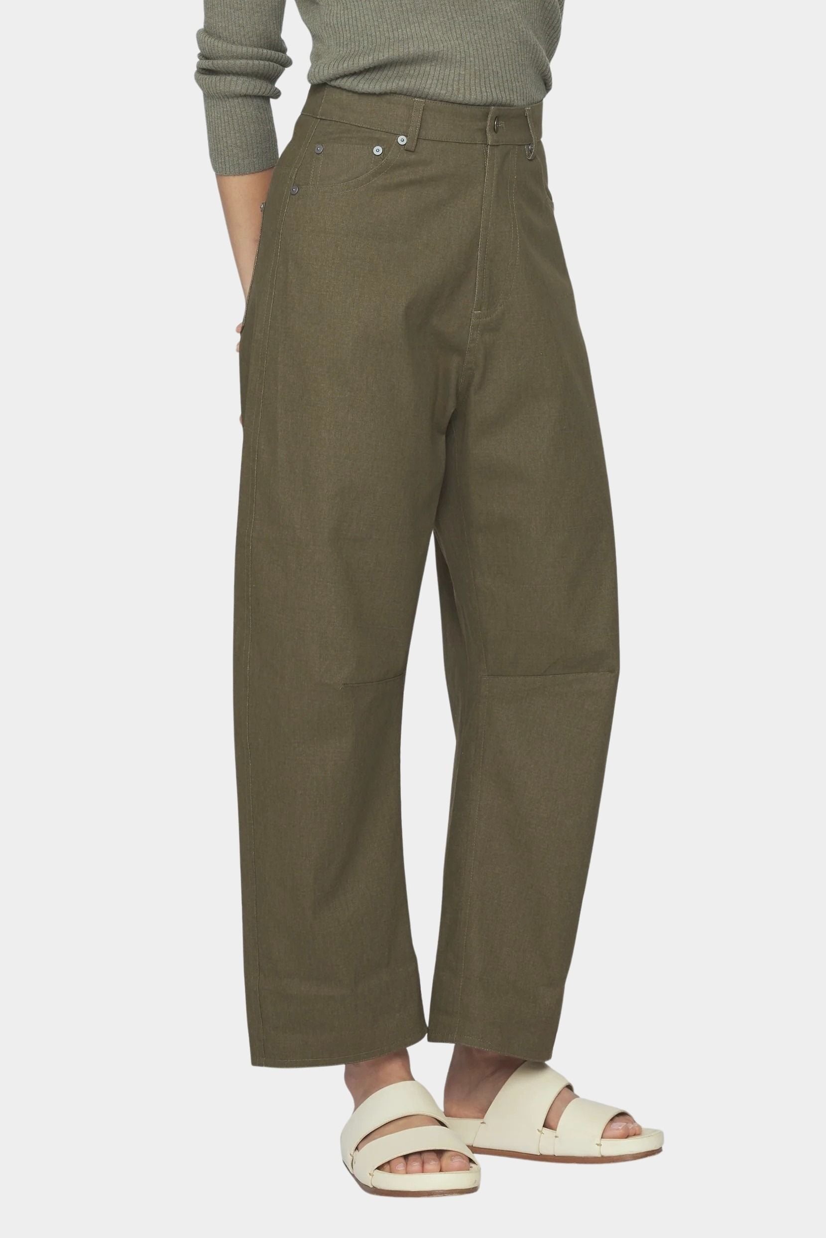 7115 by Szeki Curve Legged Work Trouser SS26 olive green curved leg pants front view