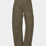 7115 by Szeki Curve Legged Work Trouser SS26 olive green curved leg trouser detail