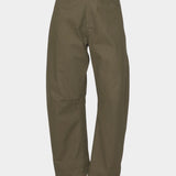 7115 by Szeki Curve Legged Work Trouser SS26 olive green curved leg trouser detail