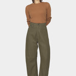 7115 by Szeki Curve Legged Work Trouser SS26 olive green cotton trousers angled view
