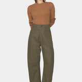 7115 by Szeki Curve Legged Work Trouser SS26 olive green cotton trousers angled view