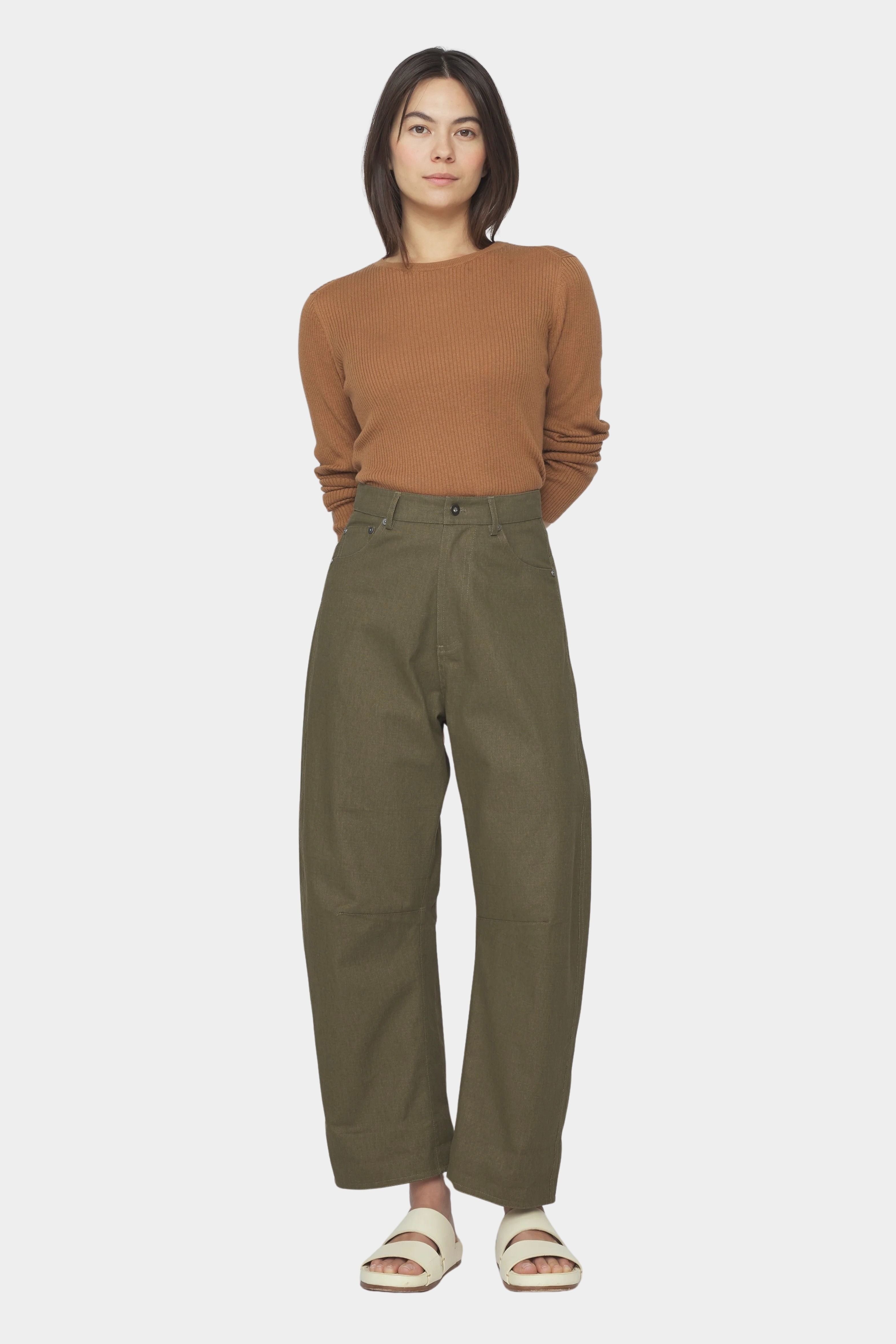 7115 by Szeki Curve Legged Work Trouser SS26 olive green cotton trousers angled view