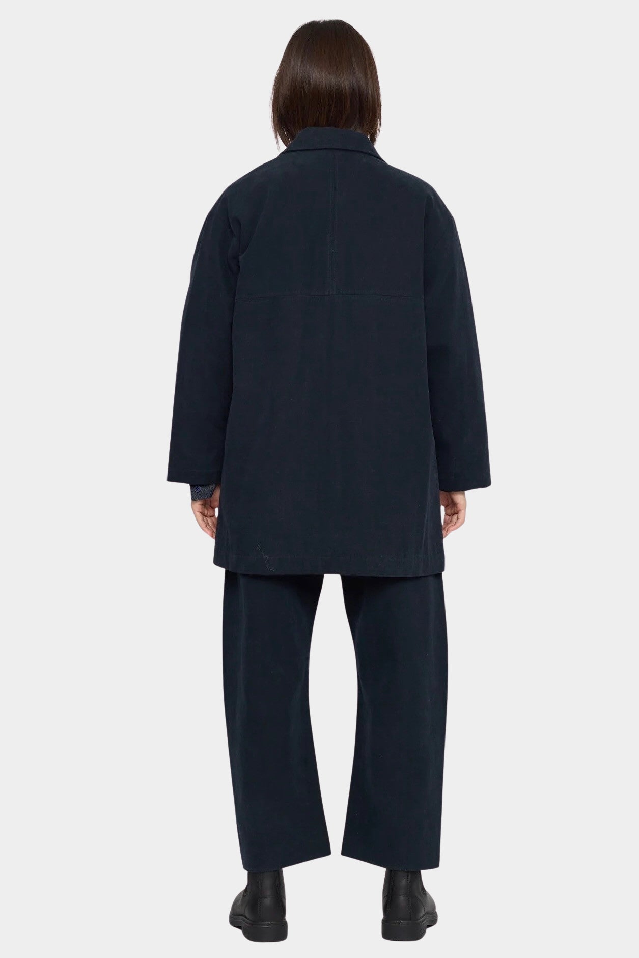 7115 by Szeki Mid-Length Chore Coat Navy back view showing mid length hem and dropped shoulders.