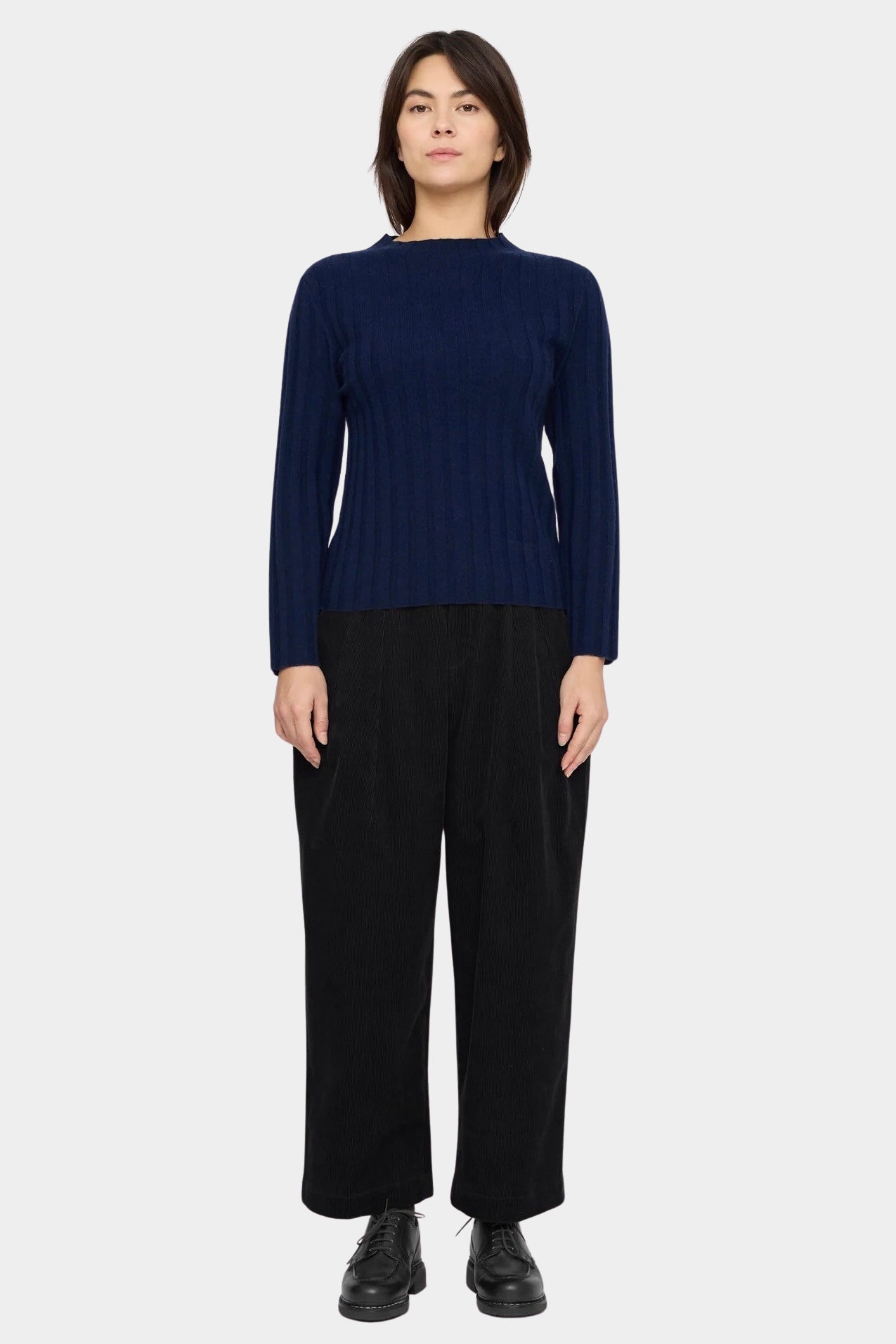 7115 by Szeki Mock Neck Ribbed Long Sleeves Navy front view showing wide vertical ribs at YUCCA Denver.