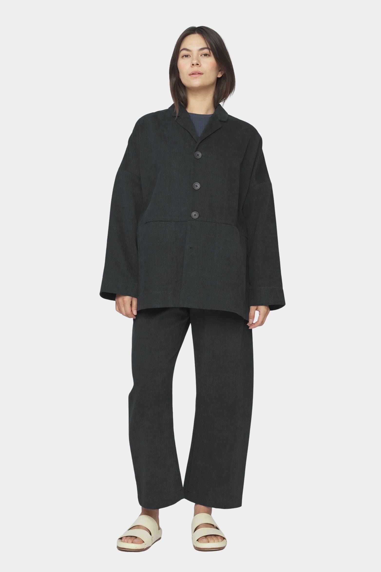 7115 by Szeki oversized cotton twill blazer charcoal black relaxed fit drop shoulder button front full outfit front view