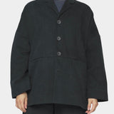 7115 by Szeki oversized cotton twill blazer charcoal black oversized fit drop shoulder button front close front view