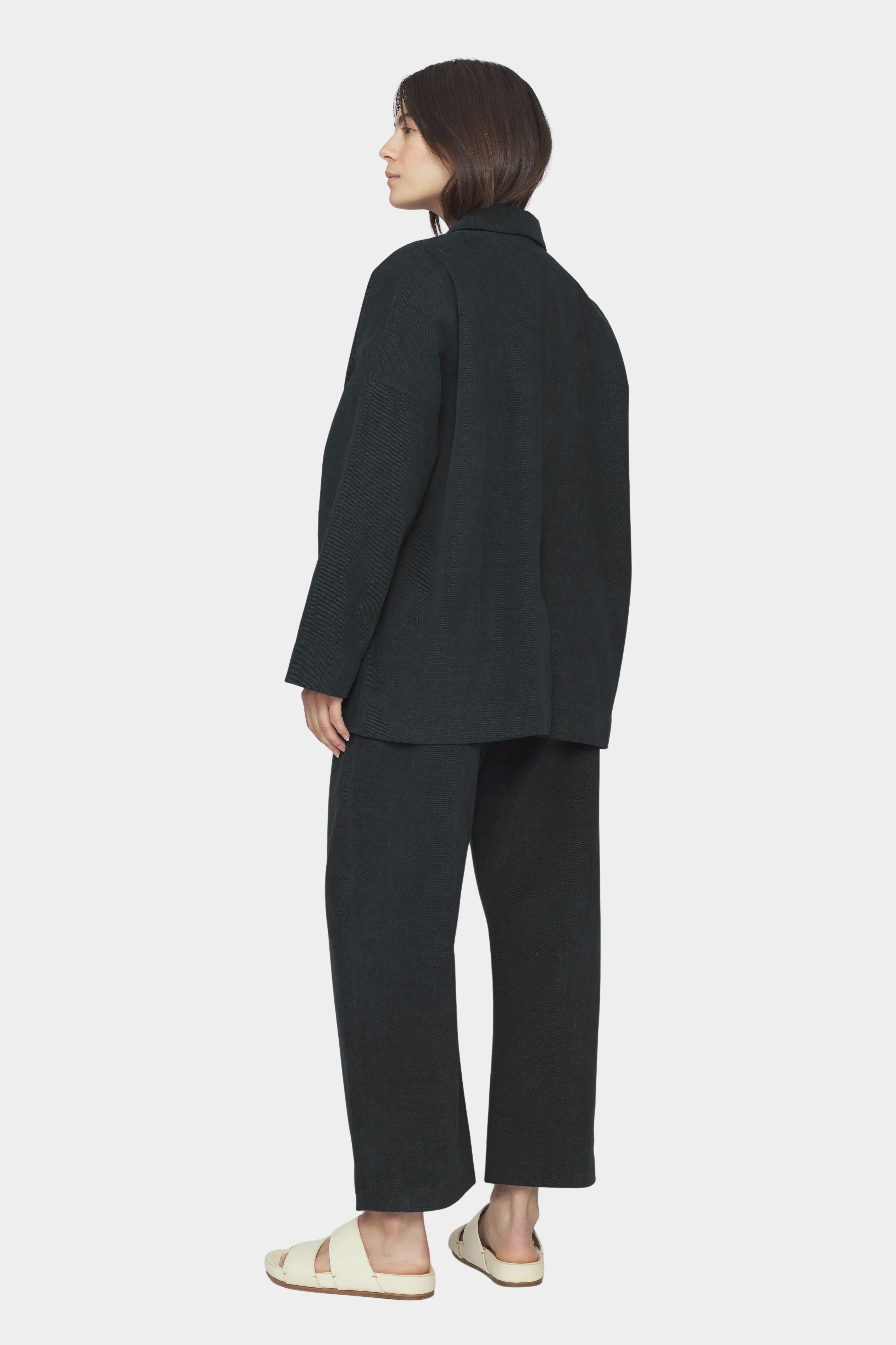 7115 by Szeki oversized cotton twill blazer charcoal black relaxed fit drop shoulder minimalist workwear jacket back view