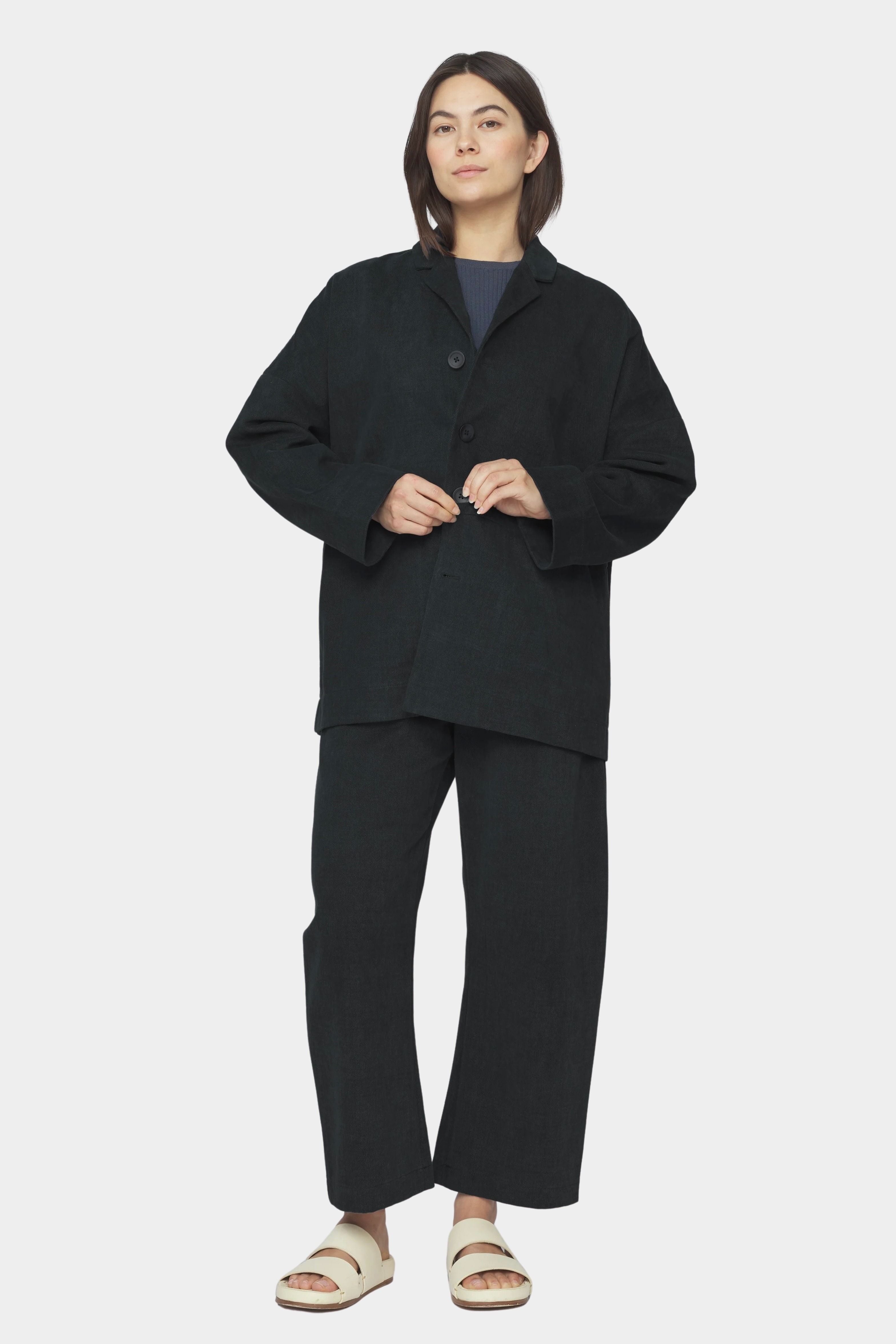 7115 by Szeki oversized cotton twill blazer charcoal black relaxed workwear jacket drop shoulder button front styling detail