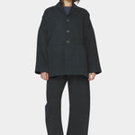 7115 by Szeki oversized cotton twill blazer charcoal black oversized silhouette drop shoulder button front full length model view