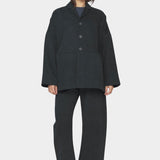7115 by Szeki oversized cotton twill blazer charcoal black oversized silhouette drop shoulder button front full length model view