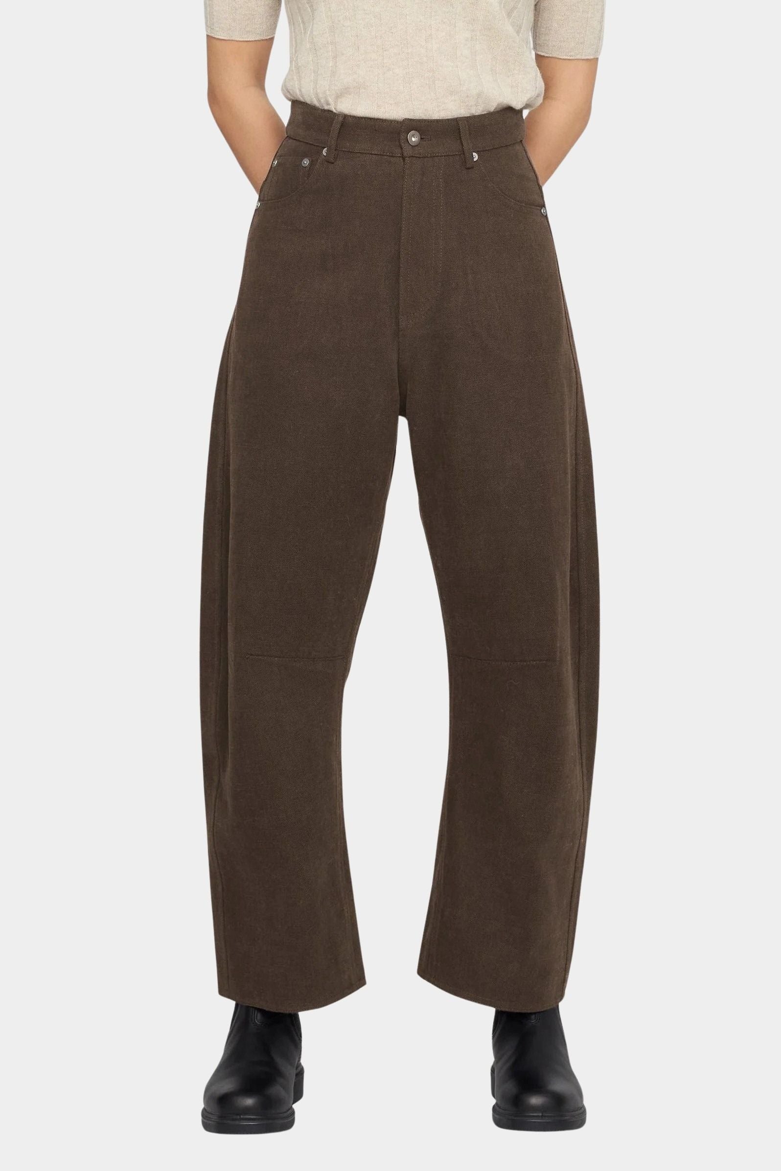 Closer front view of the Taupe Brown work trouser showing the button waist, side pockets, and curved leg