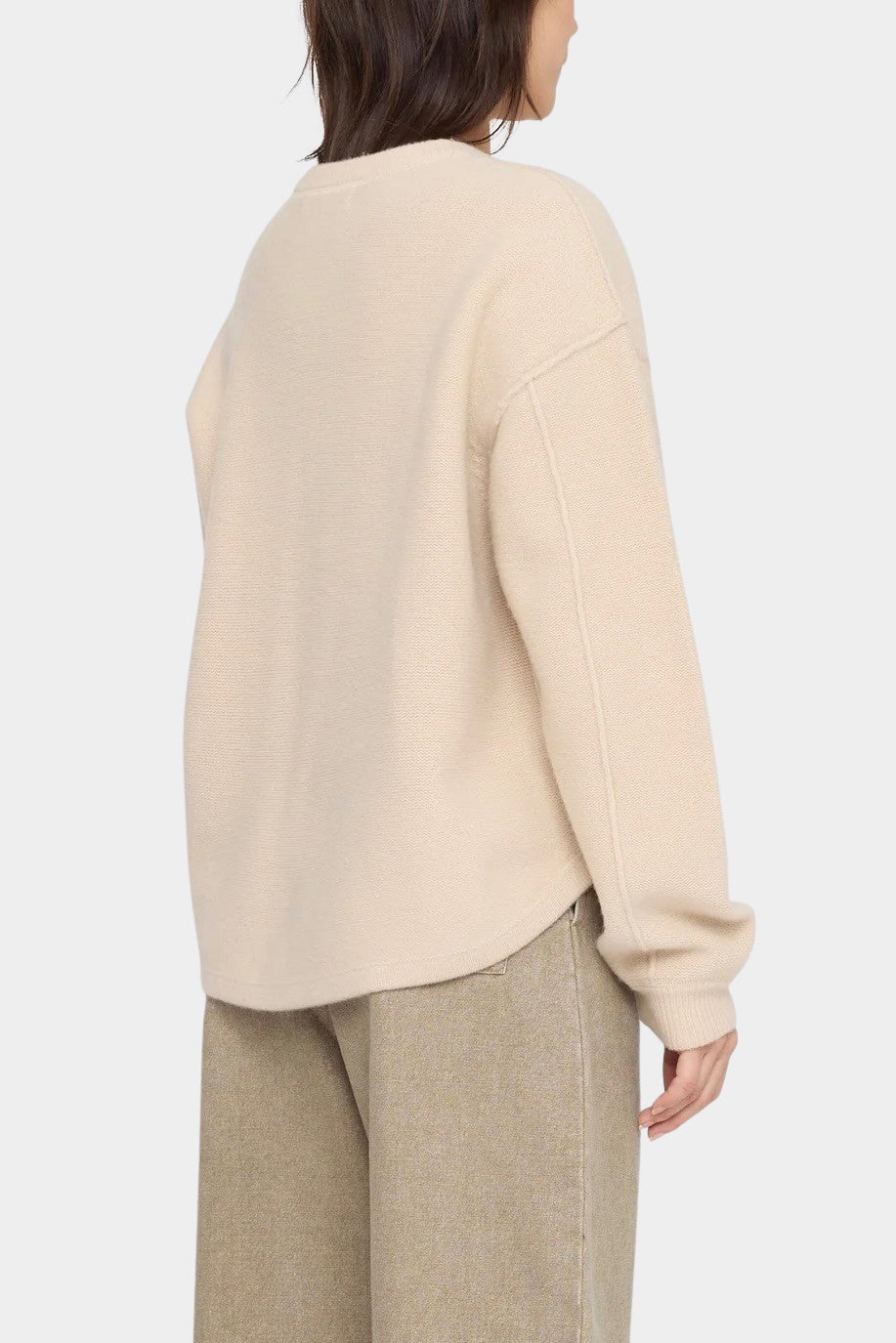 7115 by Szeki Signature Keepsake Jumper Off-White back detail with exposed sleeve seam.