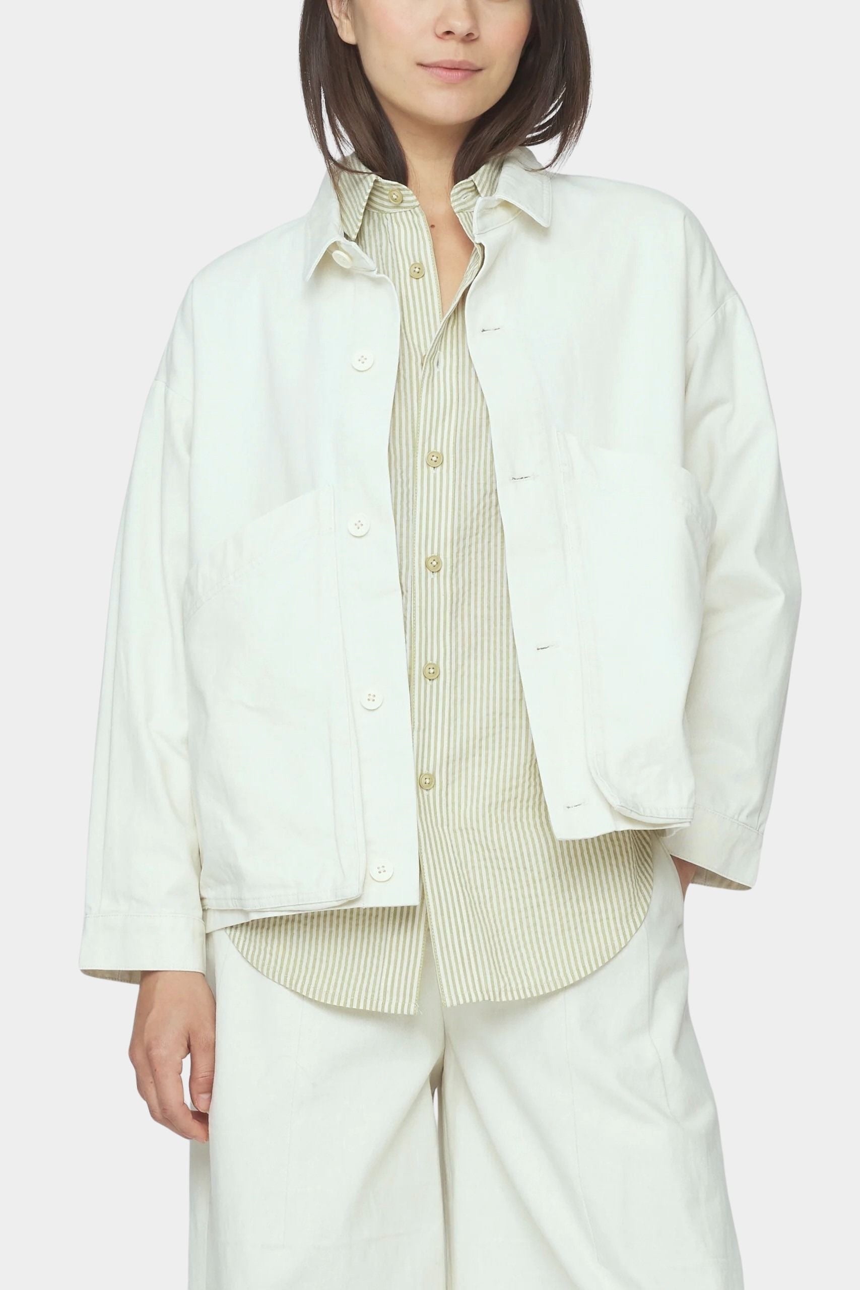 7115 by Szeki Signature Panel Pockets Jacket Spring Edition pearl white cotton jacket detail