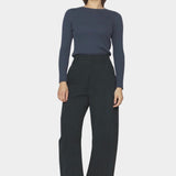 7115 by Szeki Tailored Curve Legged Trouser charcoal black cotton trousers full look