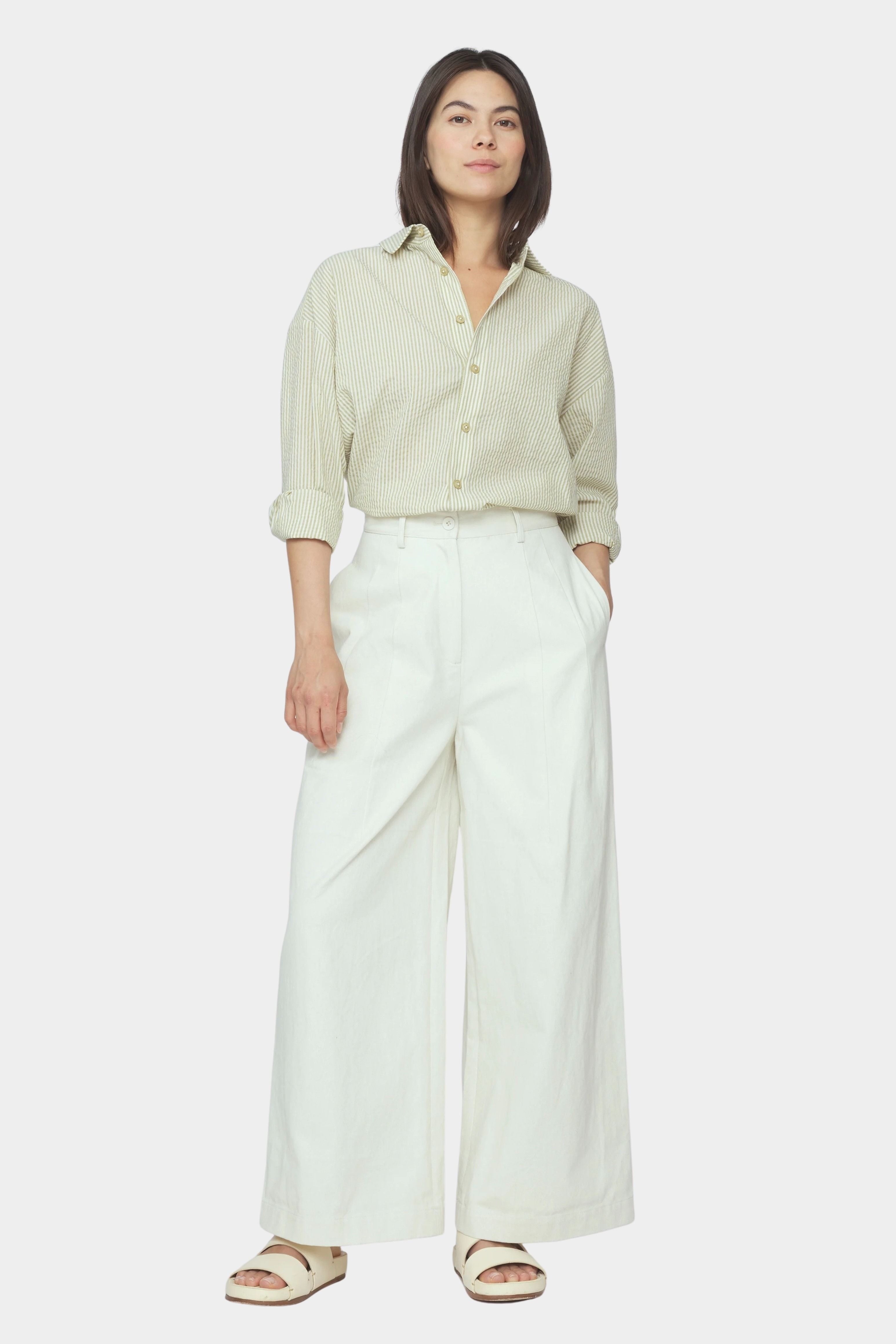 7115 by Szeki Wide Legged Skate Trouser SS26 pearl white cotton trousers front view