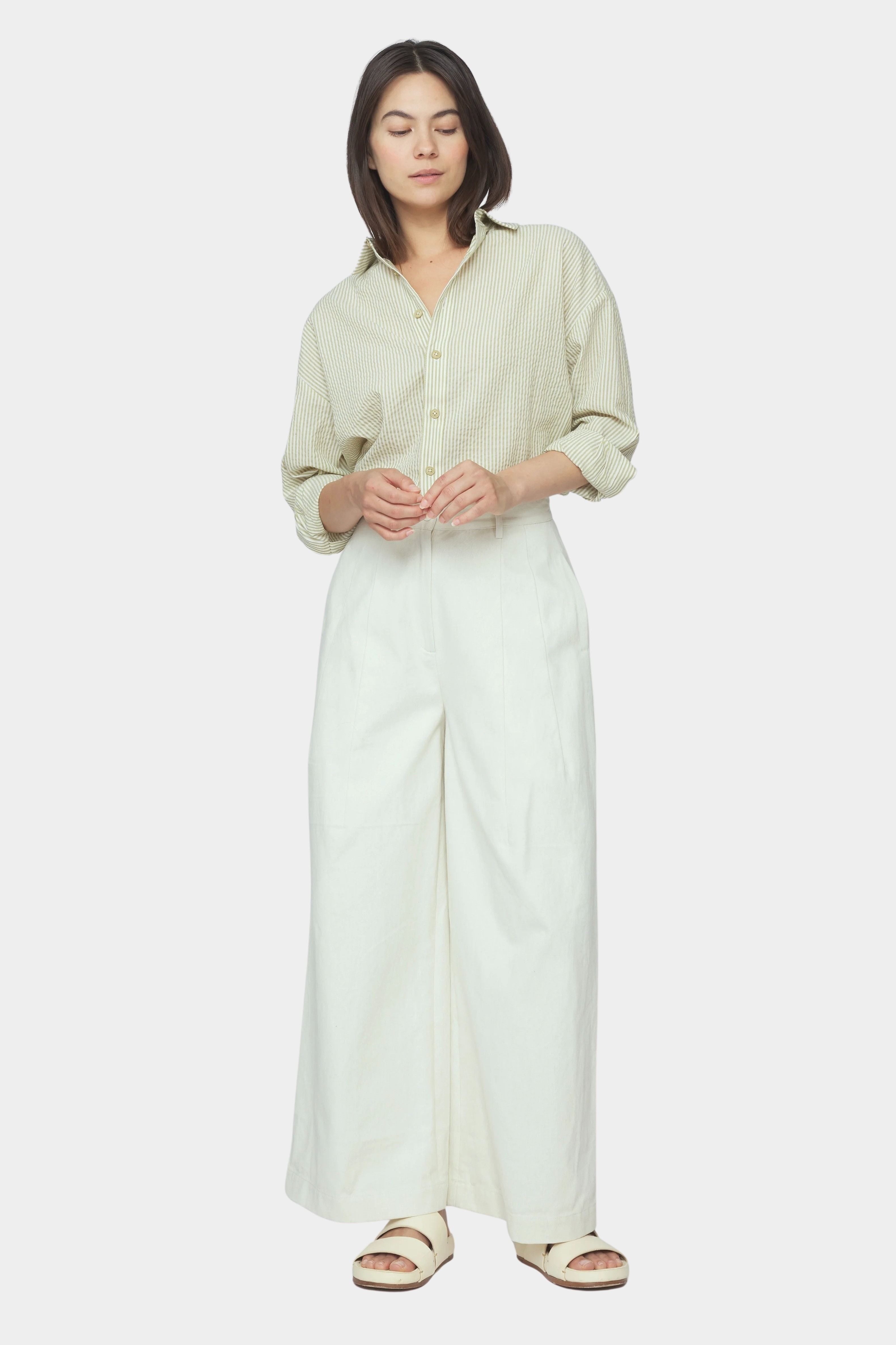 7115 by Szeki Wide Legged Skate Trouser SS26 pearl white wide leg trousers full look