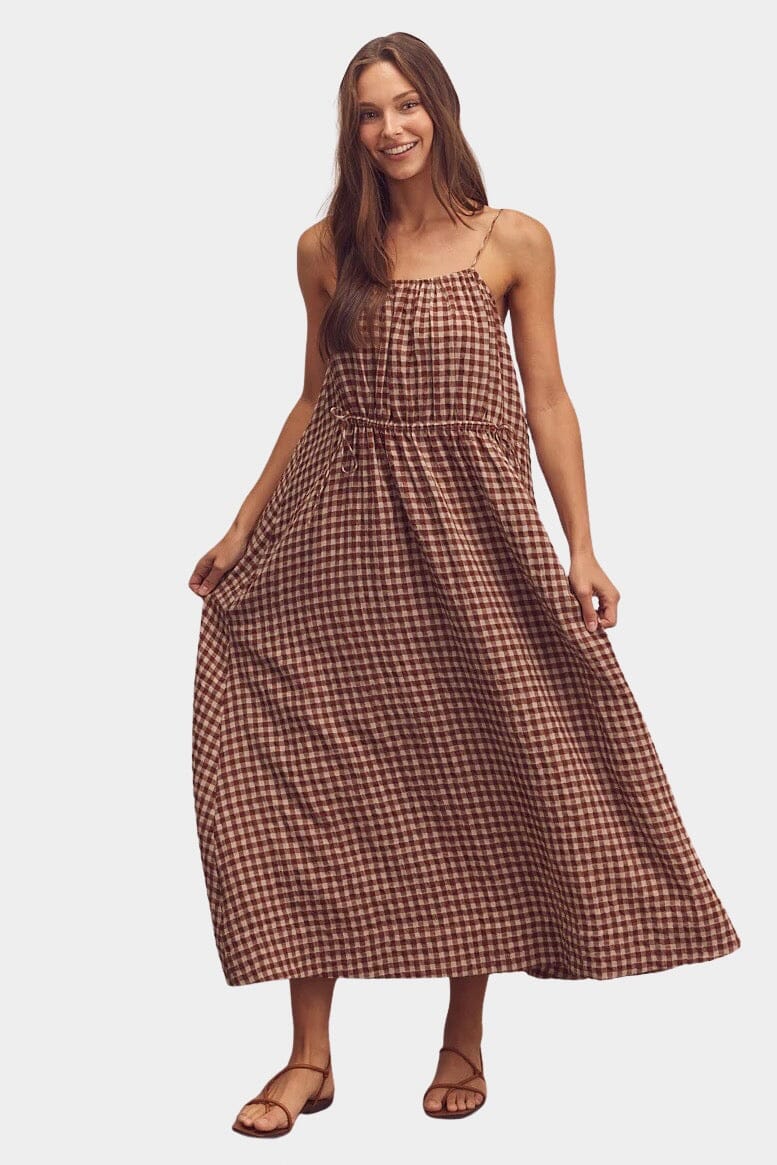Amente - Front Shirring Gingham Cami Dress - Brick - Dresses - YUCCA, boutique stores near me, capsule wardrobe.
