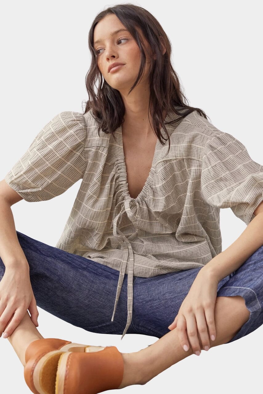 Amente - Front Tie Blouse - Natural Stripe - Shirts & Tops - YUCCA Yucca store Denver, women’s high quality tops.