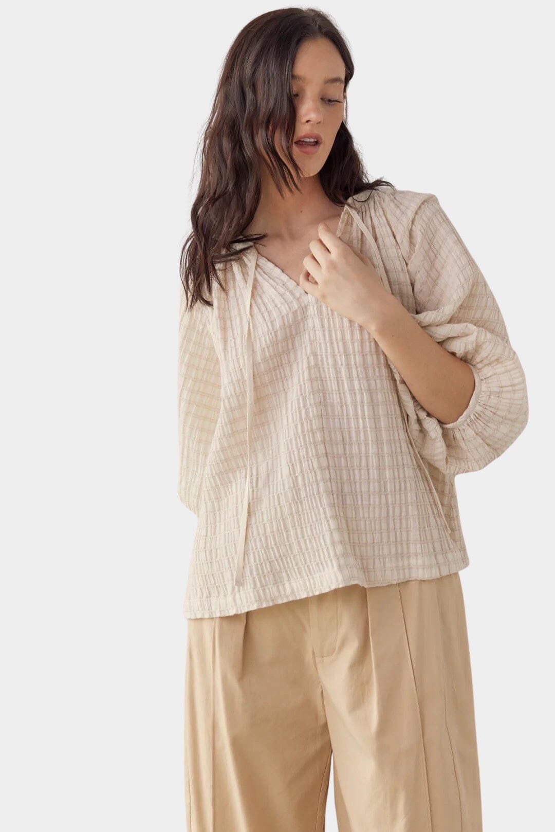 AAmente - Textured Peasant Blouse - Natural - Shirts & Tops - YUCCA, women’s clothing boutique near me, boutiques near me.