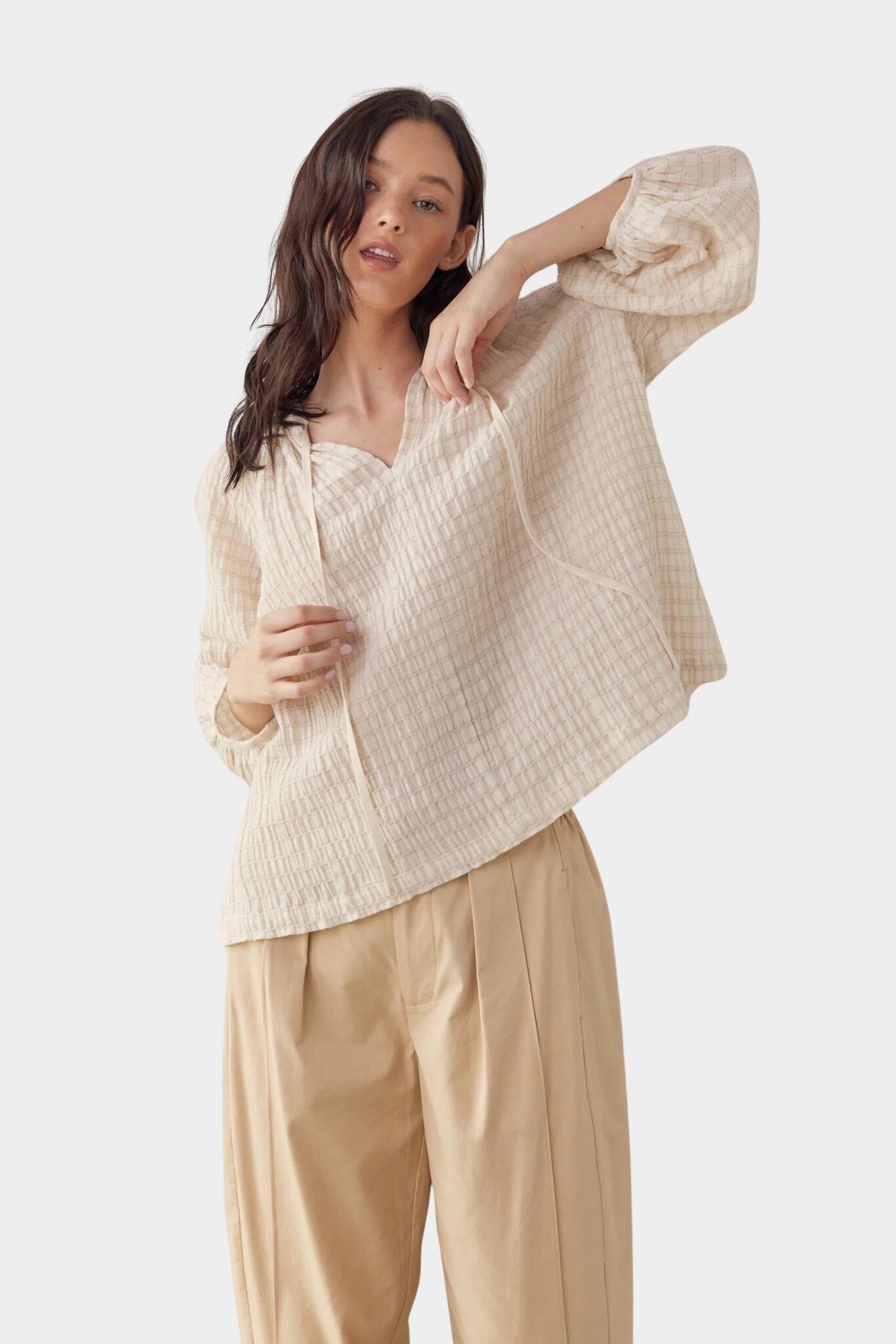 Amente - Textured Peasant Blouse - Natural - Shirts & Tops - YUCCA, women’s clothing boutique near me, boutiques near me.