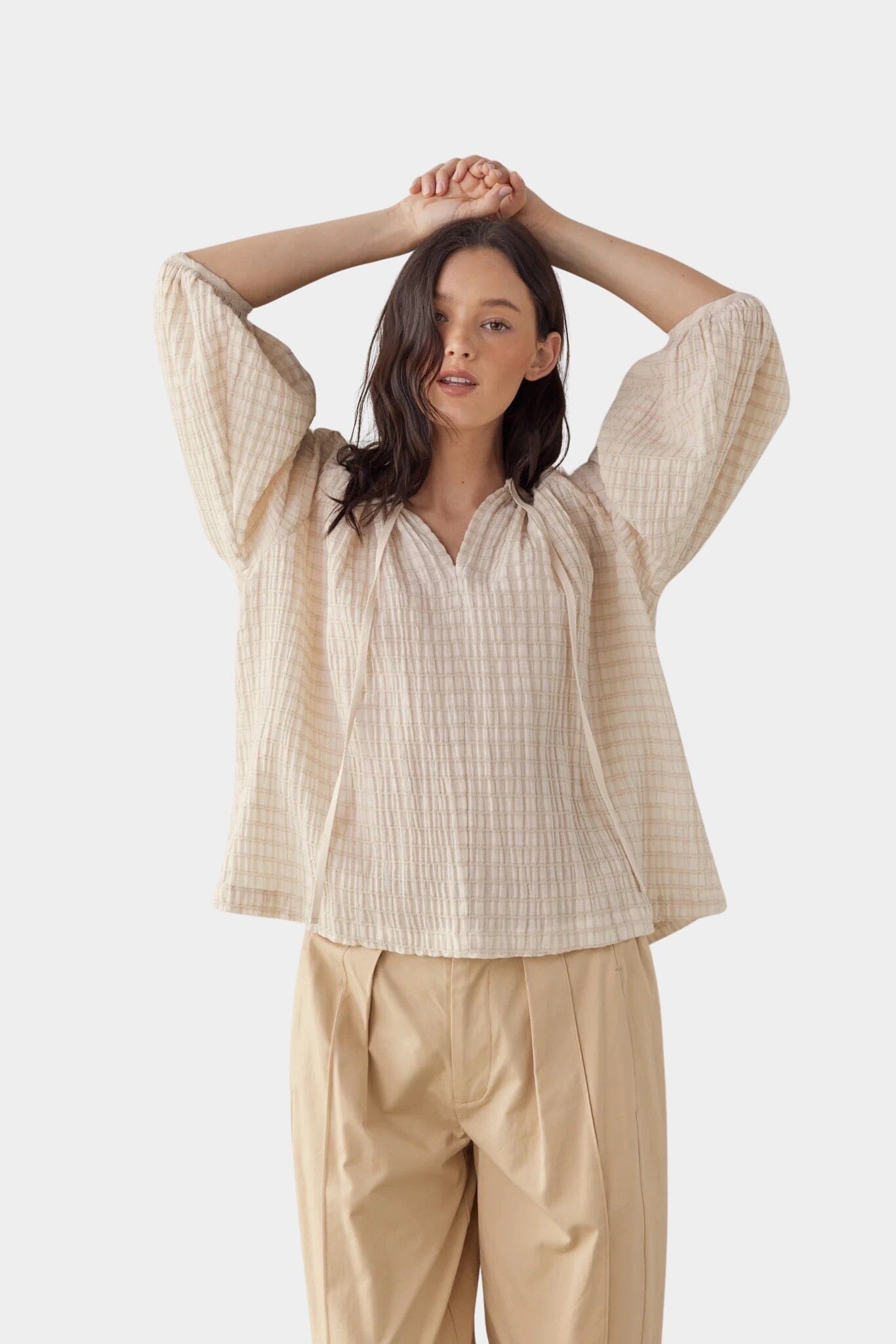 Amente - Textured Peasant Blouse - Natural - Shirts & Tops - YUCCA, women’s clothing boutique near me, boutiques near me.