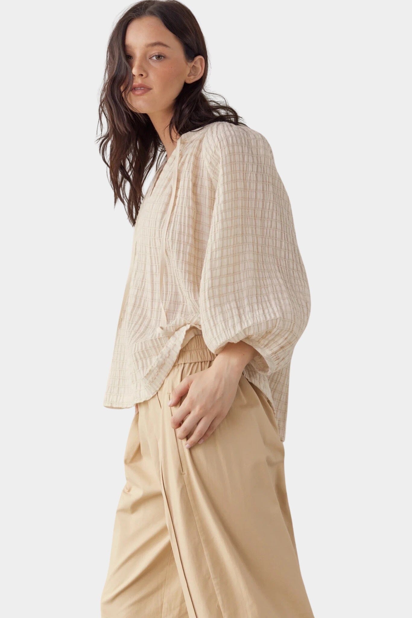 Amente - Textured Peasant Blouse - Natural - Shirts & Tops - YUCCA, women’s clothing boutique near me, boutiques near me.