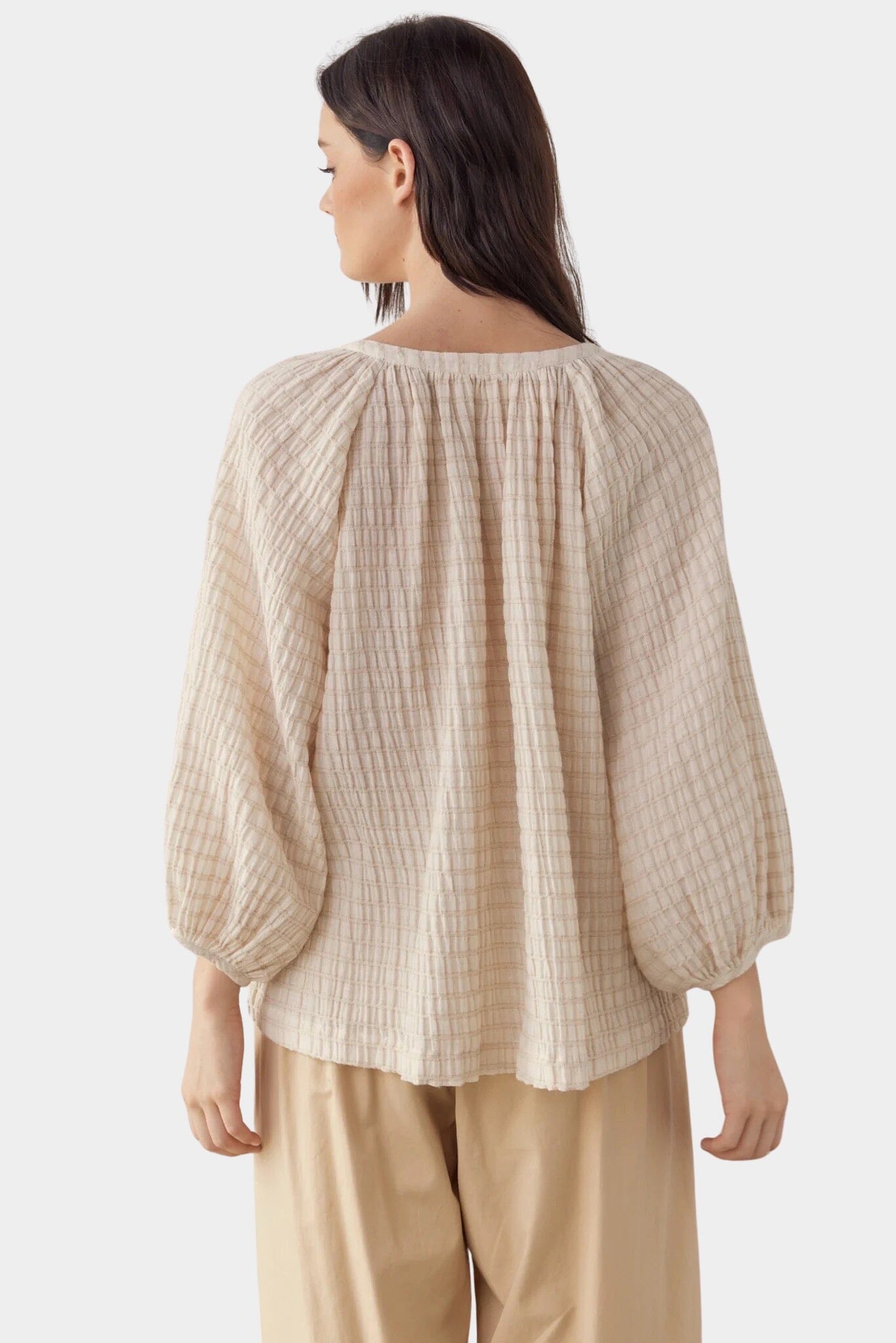 Amente - Textured Peasant Blouse - Natural - Shirts & Tops - YUCCA, women’s clothing boutique near me, boutiques near me.