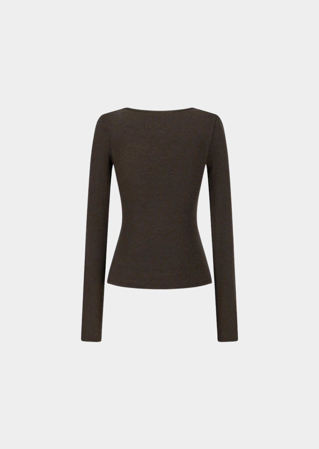 Back view of the Amomento Round T-Shirt in Brown, showing its shaped waist and long sleeves