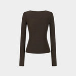 Back view of the Amomento Round T-Shirt in Brown, showing its shaped waist and long sleeves