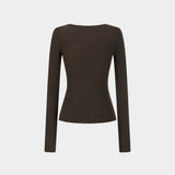 Back view of the Amomento Round T-Shirt in Brown, showing its shaped waist and long sleeves
