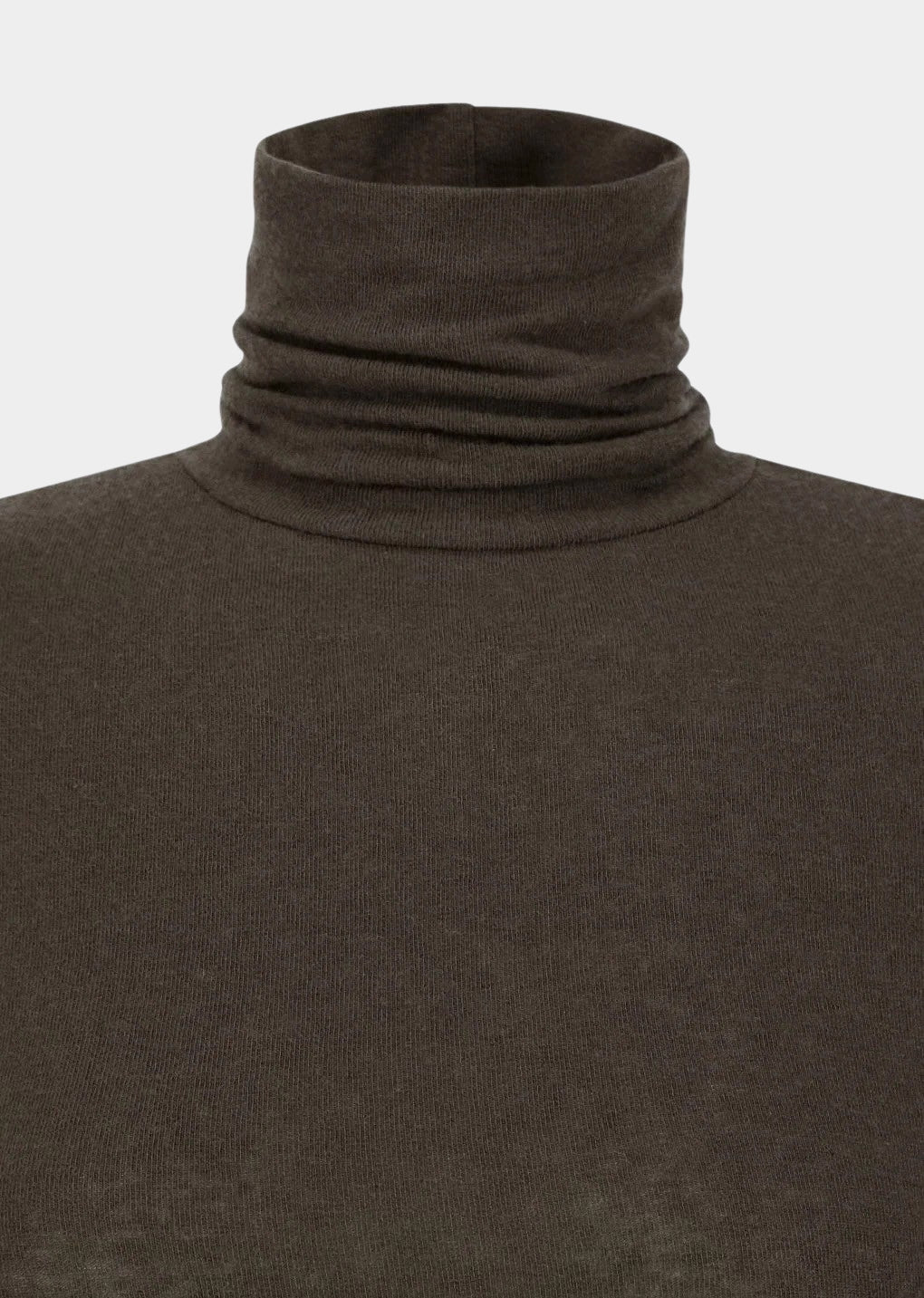 Three-quarter view of the Amomento Turtle T-Shirt in Brown, showing the fitted body and long sleeves
