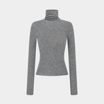 AMOMENTO Turtle T-Shirt Dark Grey, slim wool-blend long-sleeve top with gathered turtleneck, front | YUCCA Denver