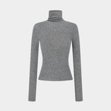 AMOMENTO Turtle T-Shirt Dark Grey, slim wool-blend long-sleeve top with gathered turtleneck, front | YUCCA Denver