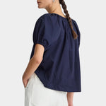 Midnight navy blouse back view gathered neckline short puff sleeves organic cotton poplin relaxed fit