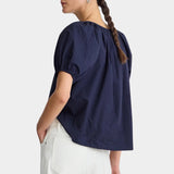 Midnight navy blouse back view gathered neckline short puff sleeves organic cotton poplin relaxed fit