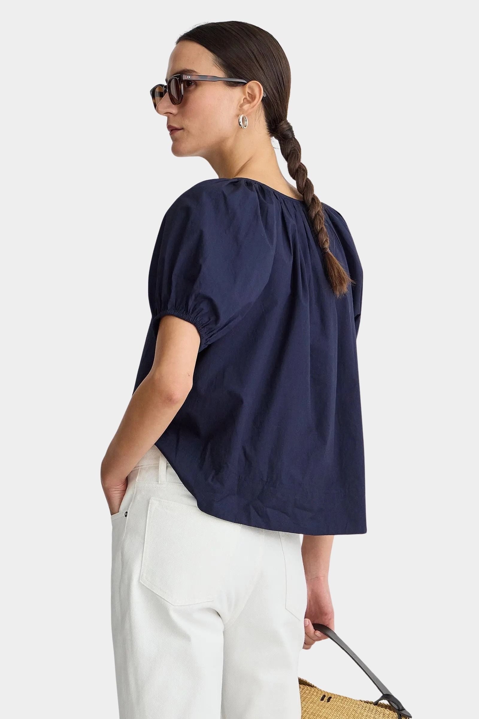 Midnight navy blouse back view gathered neckline short puff sleeves organic cotton poplin relaxed fit
