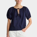 Midnight navy tie front blouse front view organic cotton poplin gathered neckline puff sleeve relaxed fit top