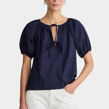 Midnight navy tie front blouse front view organic cotton poplin gathered neckline puff sleeve relaxed fit top