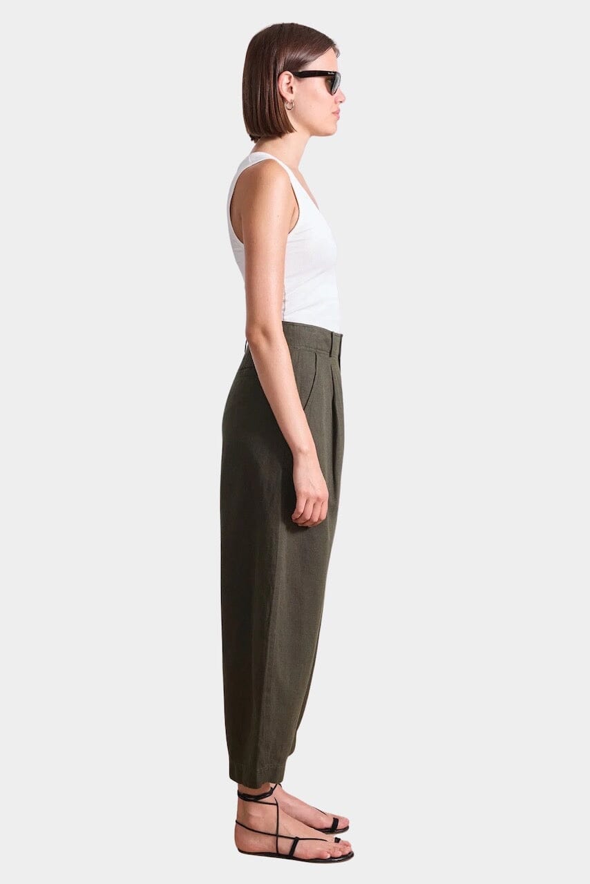 Apiece Apart Bari Crop Trouser in Rosin green linen cotton with cropped barrel silhouette at YUCCA Denver
