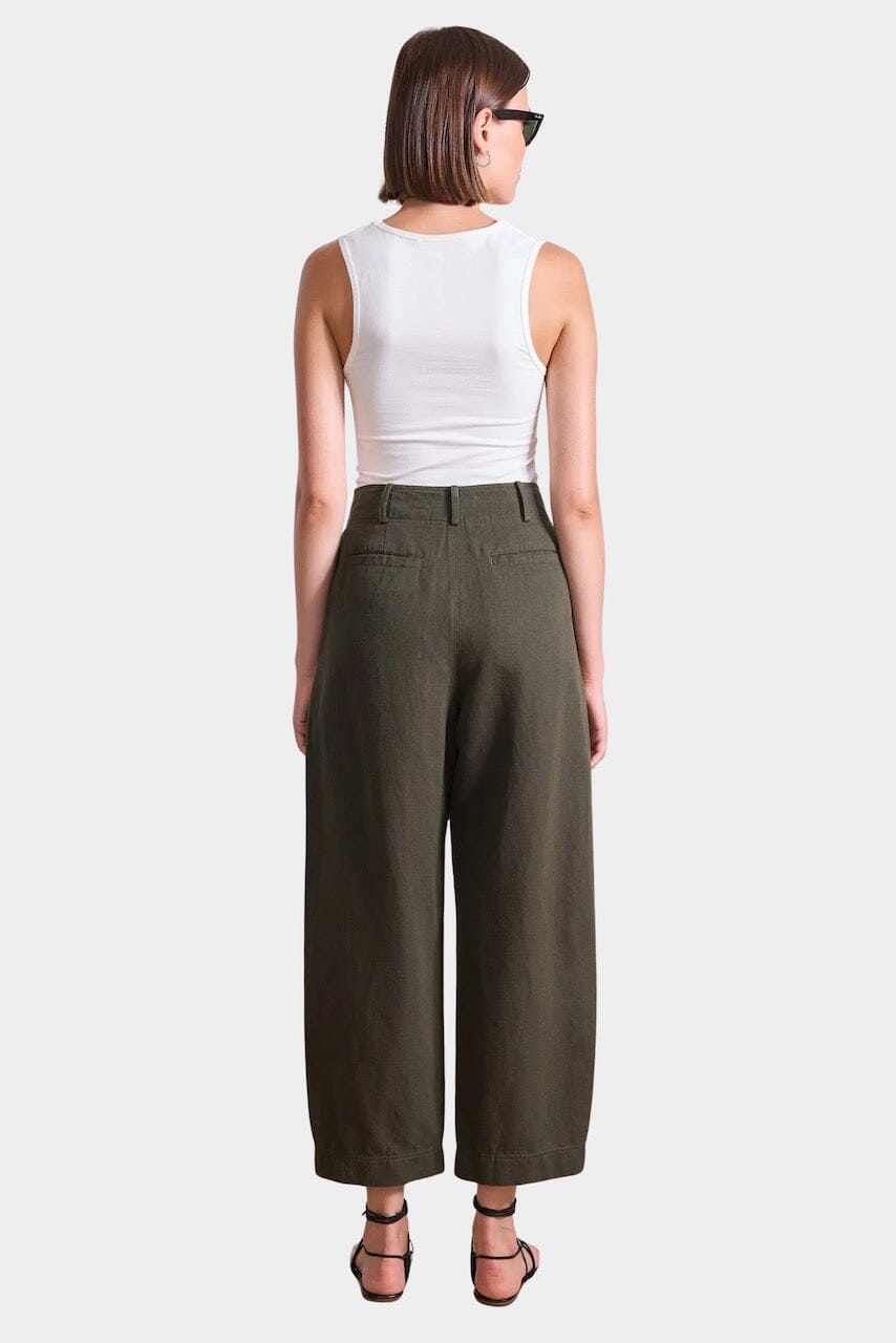 Apiece Apart Bari Crop Trouser in Rosin green linen cotton with cropped barrel silhouette at YUCCA Denver