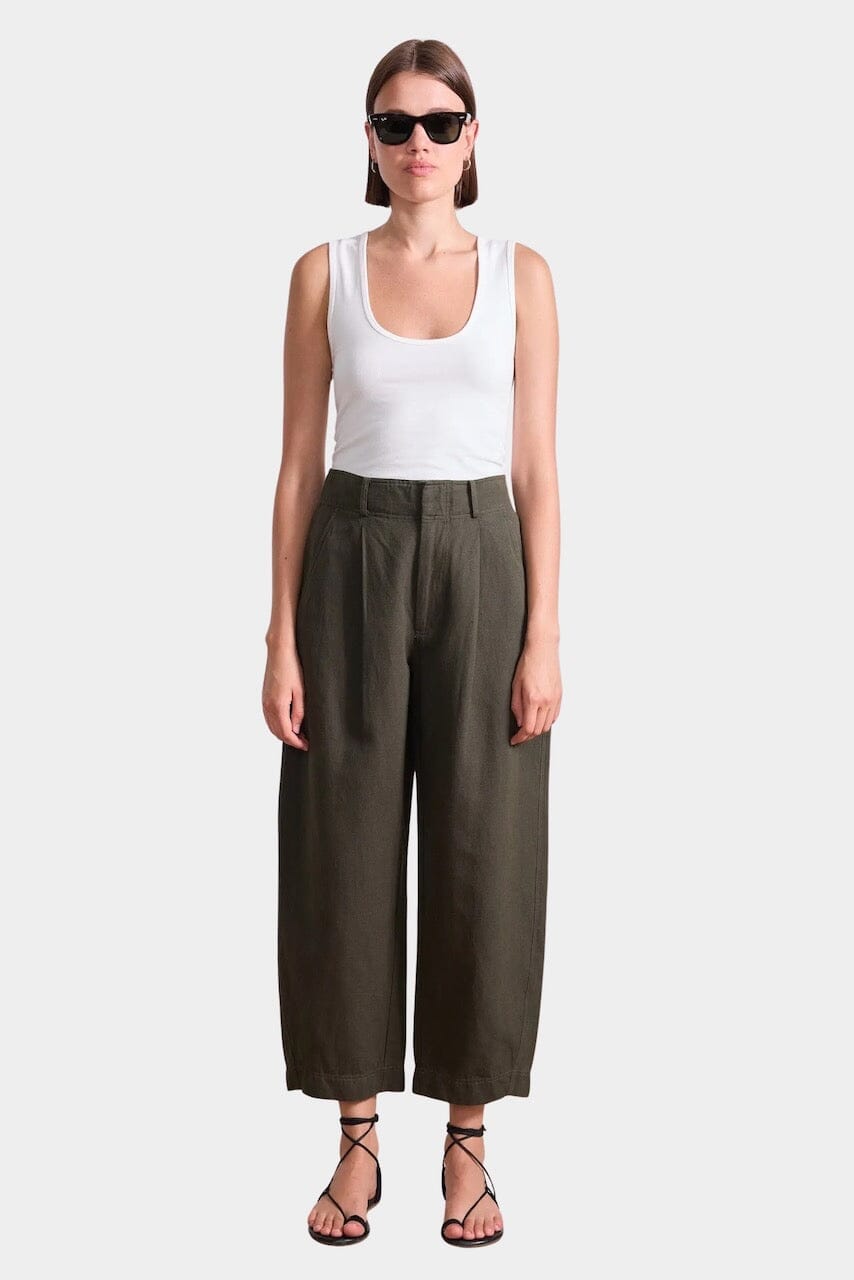 Apiece Apart Bari Crop Trouser in Rosin green linen cotton with cropped barrel silhouette at YUCCA Denver