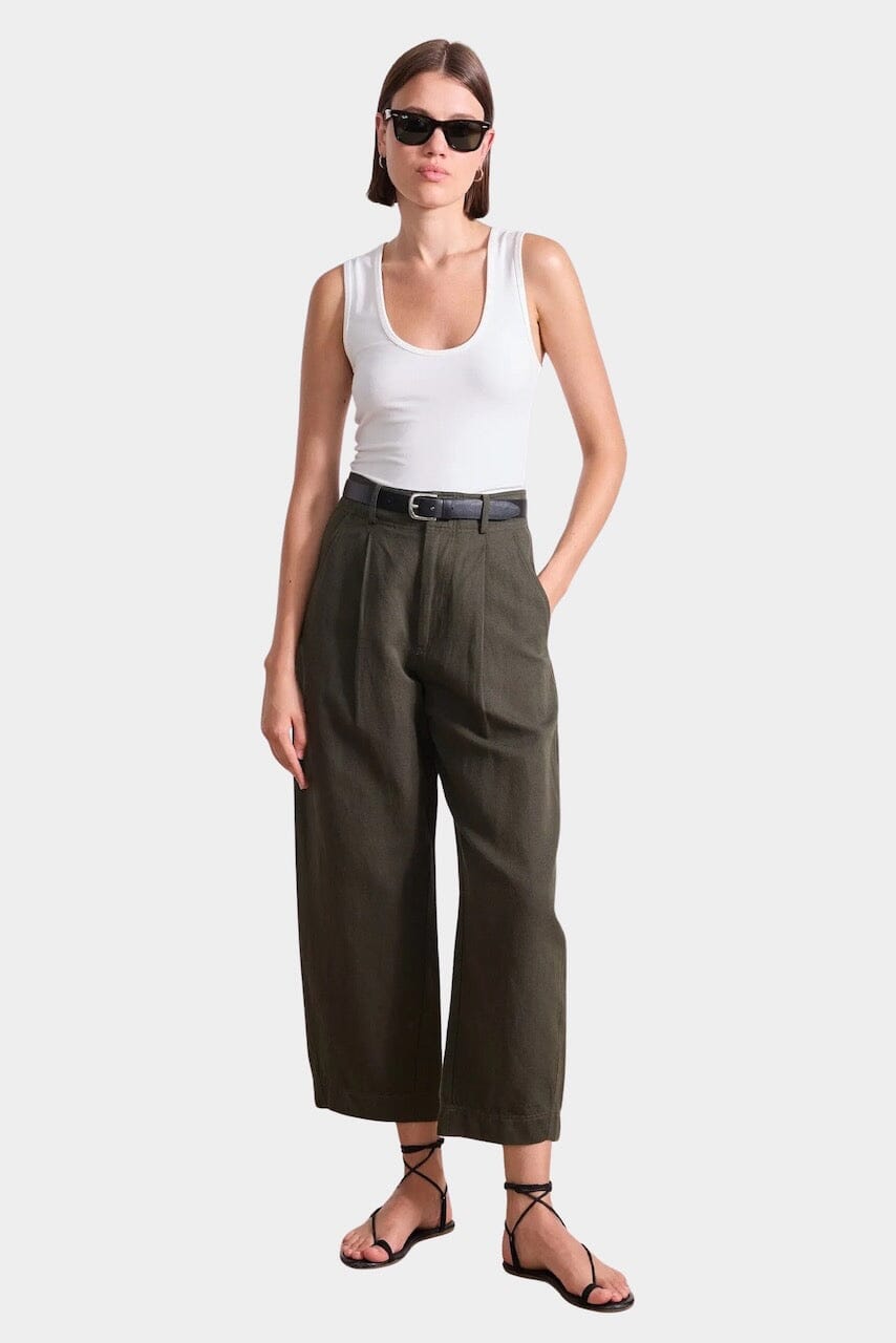 Apiece Apart Bari Crop Trouser in Rosin green linen cotton with cropped barrel silhouette at YUCCA Denver