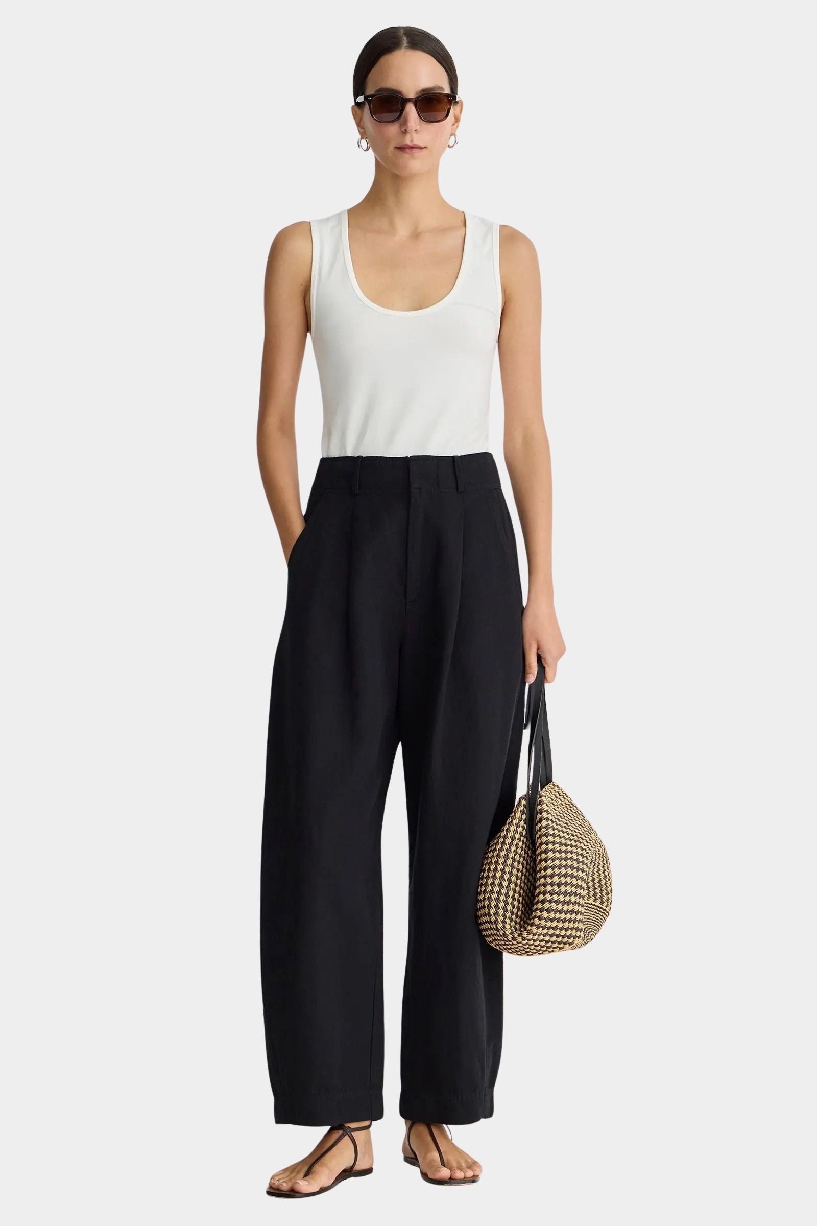 Apiece Apart Bari Crop Trouser black linen cotton cropped wide leg trousers front view