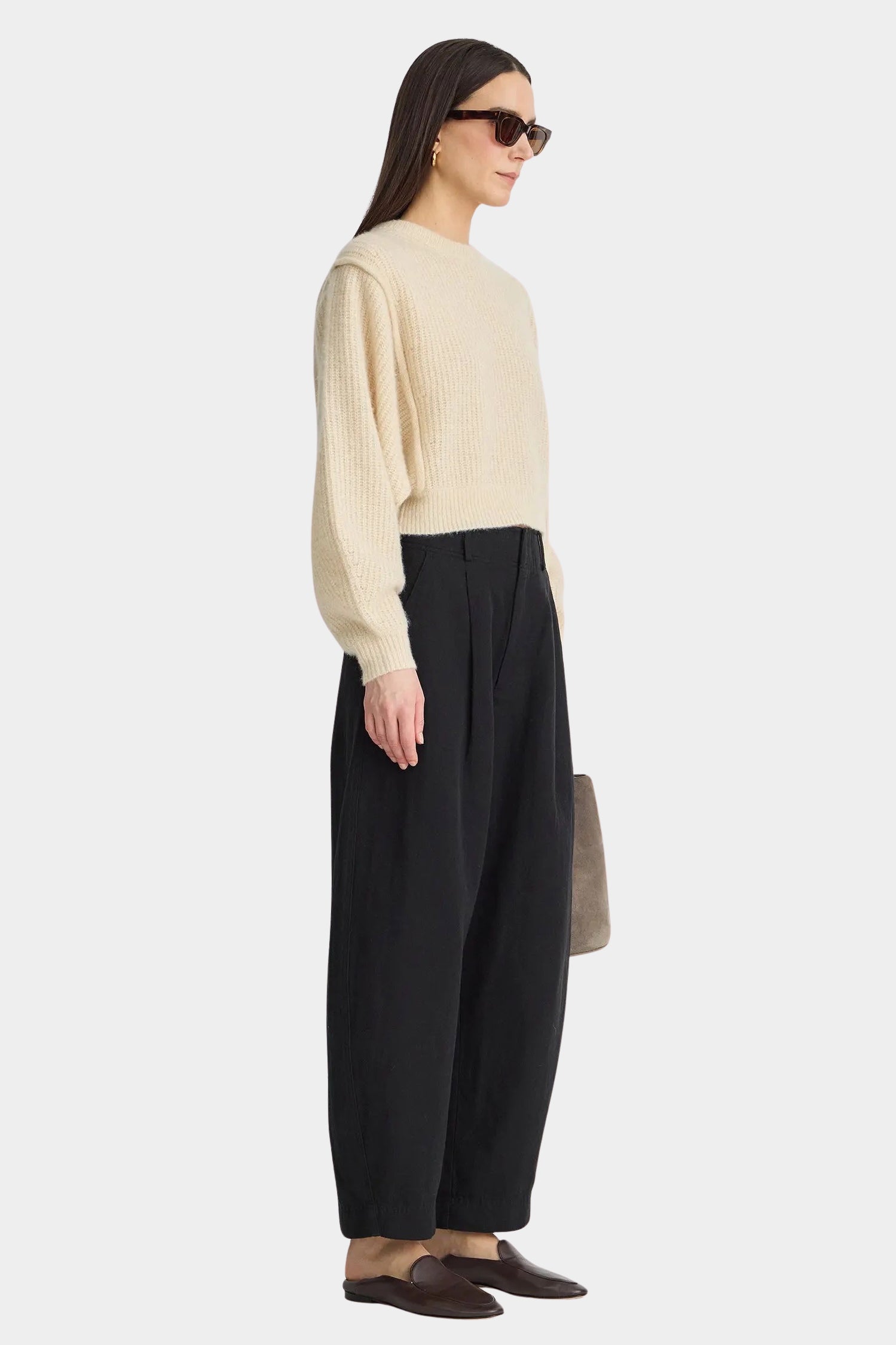 Apiece Apart Bari Crop Trouser Black high rise barrel leg pants side view