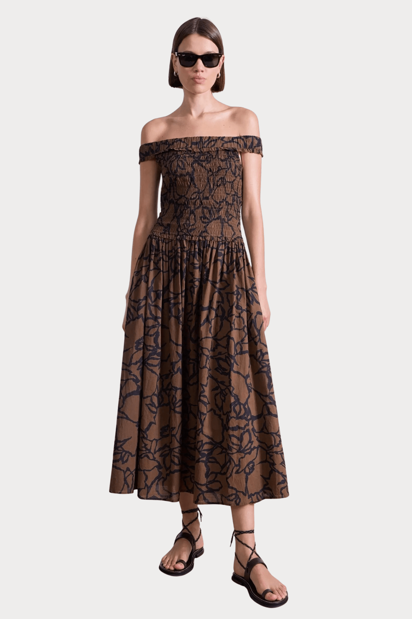 Apiece Apart | Britt Off-Shoulder Maxi In Floral Chocolate - SHOP YUCCA Dress APIECE APART - YUCCA, artistic clothing for women, Women’s clothing store Denver, boutique stores near me, capsule wardrobe, women’s elevated basics.