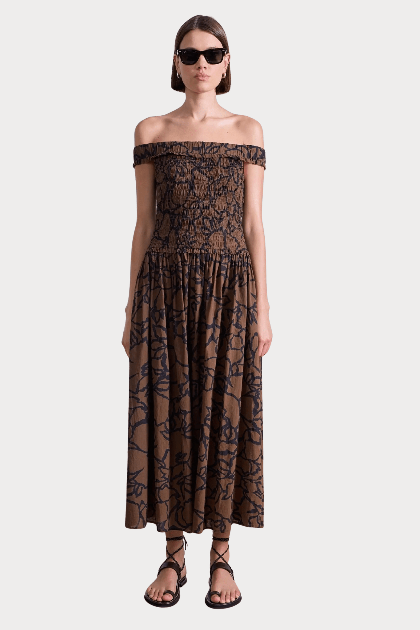 Apiece Apart | Britt Off-Shoulder Maxi In Floral Chocolate - SHOP YUCCA Dress APIECE APART - YUCCA, artistic clothing for women, Women’s clothing store Denver, boutique stores near me, capsule wardrobe, women’s elevated basics.